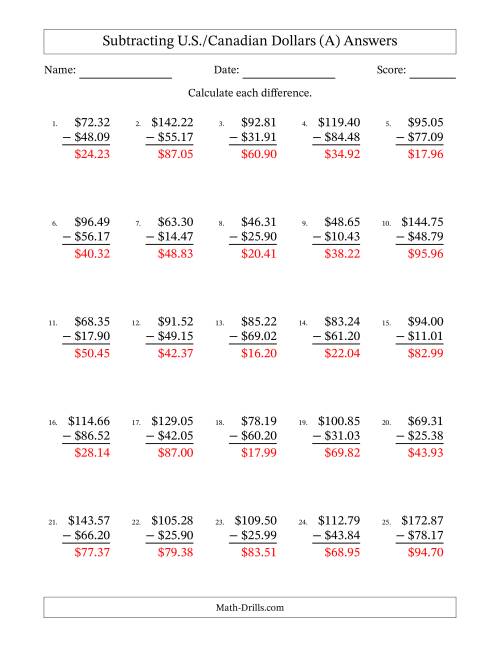 The Subtracting U.S./Canadian Dollars With Amounts from 10.00 to 99.99 in Increments of One Cent (All) Math Worksheet Page 2