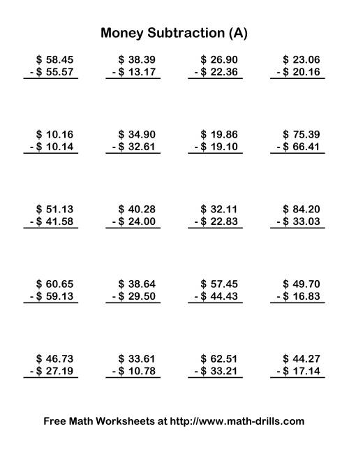 The Subtracting U.S. Money to $100 (Old) Math Worksheet