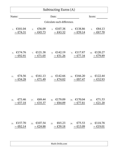 The Subtracting Euros With Amounts from 10.00 to 99.99 in Increments of One Euro Cent (A) Math Worksheet