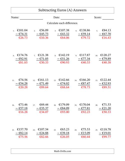 The Subtracting Euros With Amounts from 10.00 to 99.99 in Increments of One Euro Cent (A) Math Worksheet Page 2