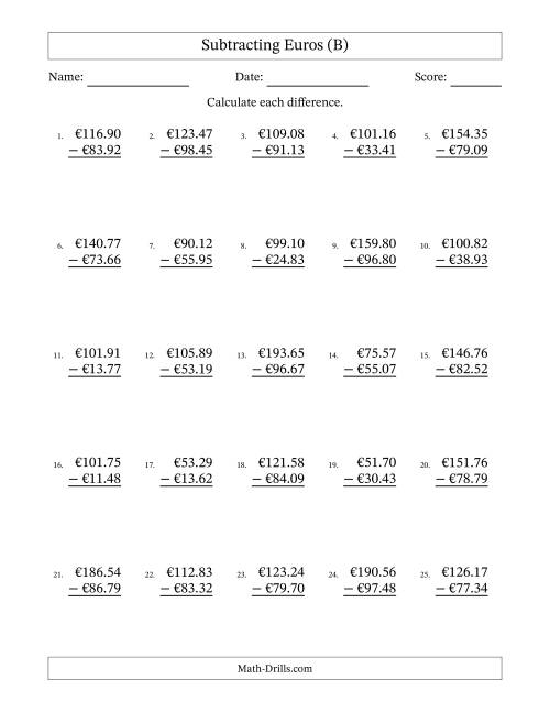 The Subtracting Euros With Amounts from 10.00 to 99.99 in Increments of One Euro Cent (B) Math Worksheet