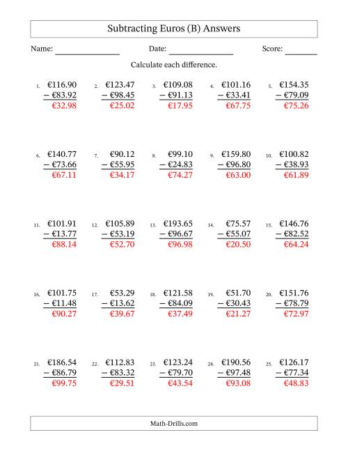 The Subtracting Euros With Amounts from 10.00 to 99.99 in Increments of One Euro Cent (B) Math Worksheet Page 2