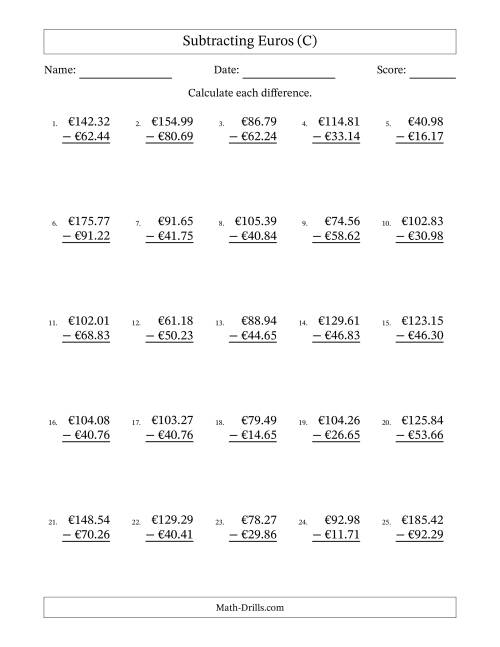 The Subtracting Euros With Amounts from 10.00 to 99.99 in Increments of One Euro Cent (C) Math Worksheet