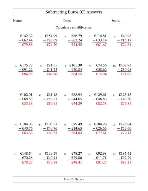 The Subtracting Euros With Amounts from 10.00 to 99.99 in Increments of One Euro Cent (C) Math Worksheet Page 2