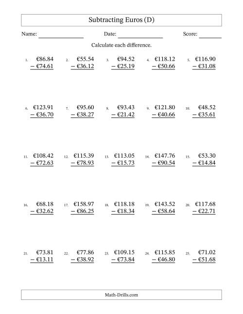 The Subtracting Euros With Amounts from 10.00 to 99.99 in Increments of One Euro Cent (D) Math Worksheet