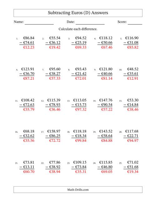 The Subtracting Euros With Amounts from 10.00 to 99.99 in Increments of One Euro Cent (D) Math Worksheet Page 2