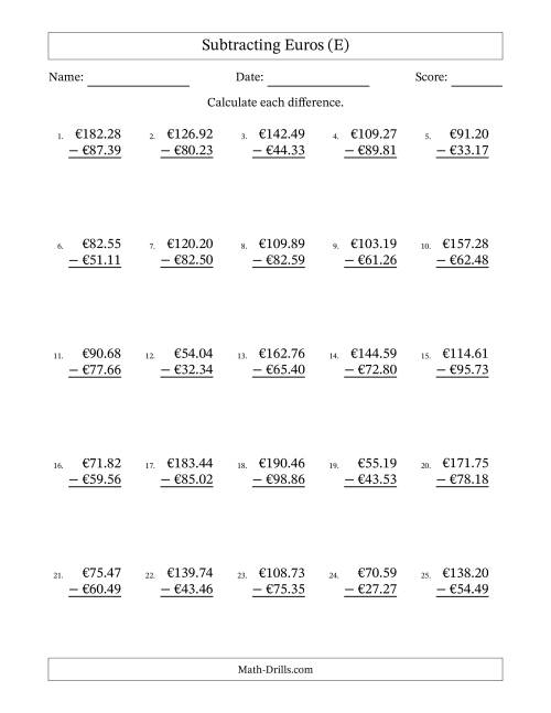 The Subtracting Euros With Amounts from 10.00 to 99.99 in Increments of One Euro Cent (E) Math Worksheet