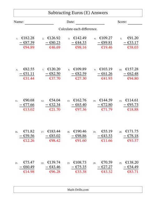 The Subtracting Euros With Amounts from 10.00 to 99.99 in Increments of One Euro Cent (E) Math Worksheet Page 2