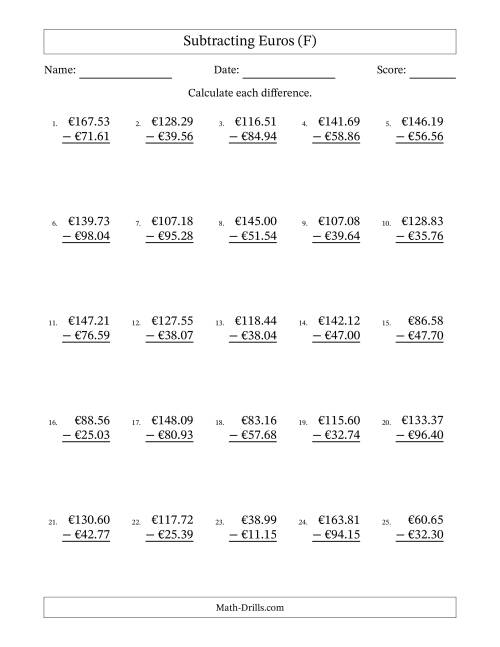 The Subtracting Euros With Amounts from 10.00 to 99.99 in Increments of One Euro Cent (F) Math Worksheet