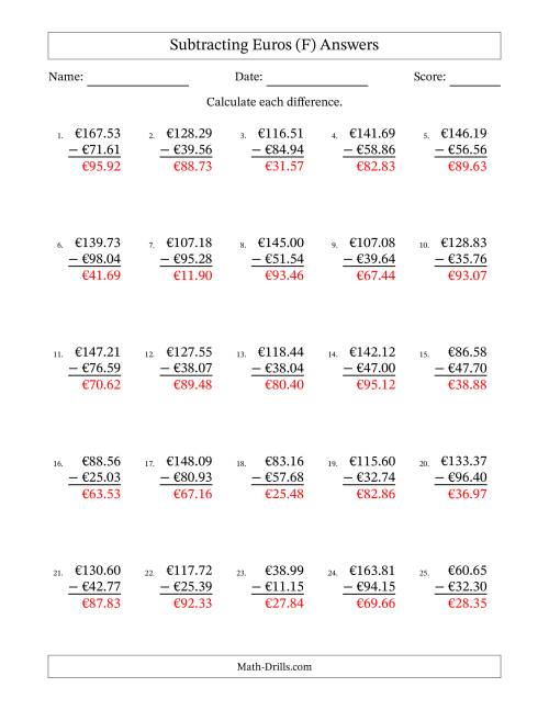 The Subtracting Euros With Amounts from 10.00 to 99.99 in Increments of One Euro Cent (F) Math Worksheet Page 2