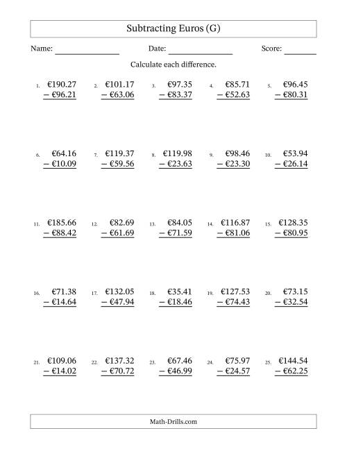 The Subtracting Euros With Amounts from 10.00 to 99.99 in Increments of One Euro Cent (G) Math Worksheet