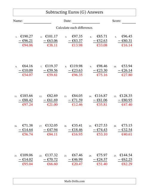 The Subtracting Euros With Amounts from 10.00 to 99.99 in Increments of One Euro Cent (G) Math Worksheet Page 2