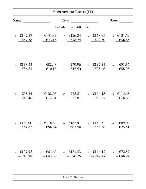 The Subtracting Euros With Amounts from 10.00 to 99.99 in Increments of One Euro Cent (H) Math Worksheet