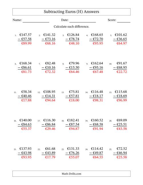 The Subtracting Euros With Amounts from 10.00 to 99.99 in Increments of One Euro Cent (H) Math Worksheet Page 2