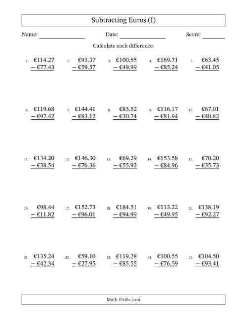 The Subtracting Euros With Amounts from 10.00 to 99.99 in Increments of One Euro Cent (I) Math Worksheet