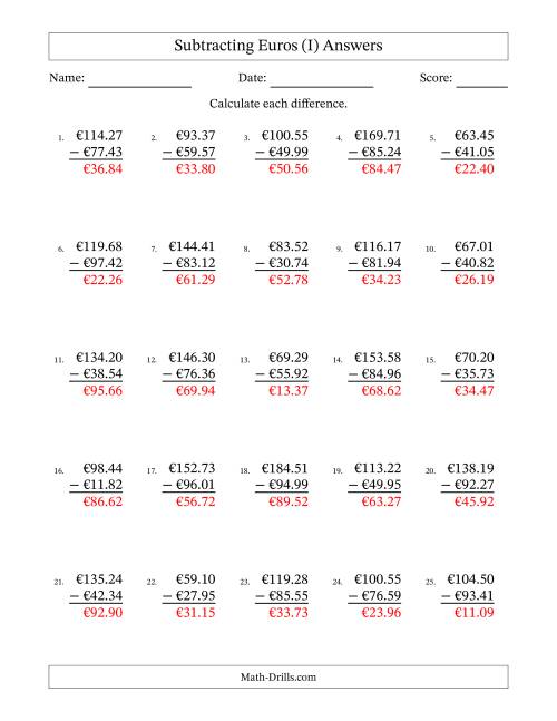 The Subtracting Euros With Amounts from 10.00 to 99.99 in Increments of One Euro Cent (I) Math Worksheet Page 2