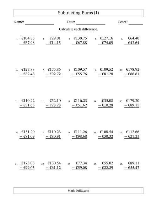 The Subtracting Euros With Amounts from 10.00 to 99.99 in Increments of One Euro Cent (J) Math Worksheet