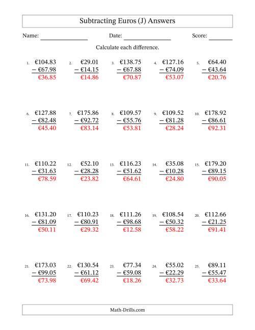 The Subtracting Euros With Amounts from 10.00 to 99.99 in Increments of One Euro Cent (J) Math Worksheet Page 2