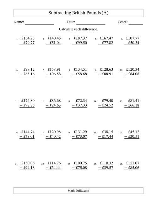 The Subtracting British Pounds With Amounts from 10.00 to 99.99 in Increments of One Pence (A) Math Worksheet