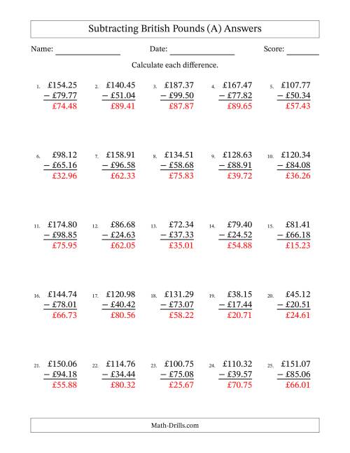 The Subtracting British Pounds With Amounts from 10.00 to 99.99 in Increments of One Pence (A) Math Worksheet Page 2