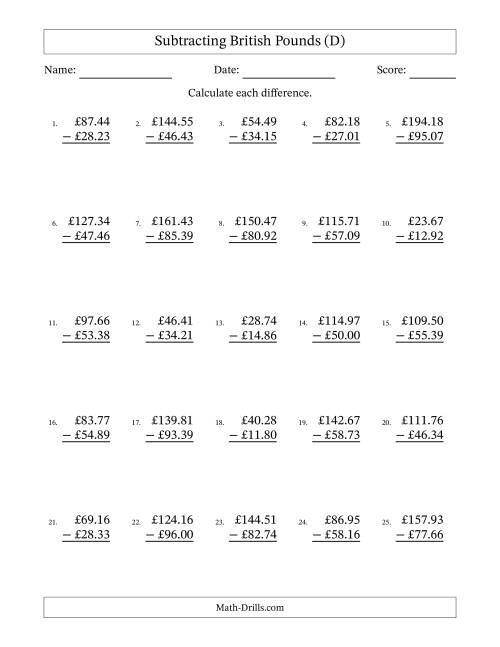 The Subtracting British Pounds With Amounts from 10.00 to 99.99 in Increments of One Pence (D) Math Worksheet