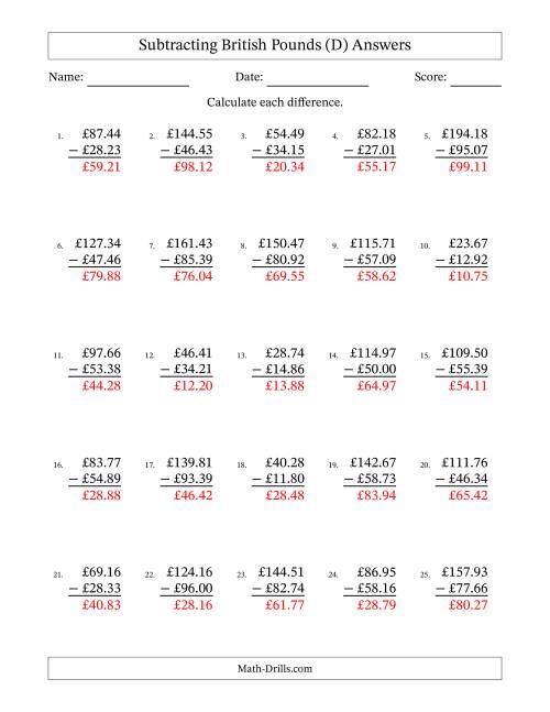 The Subtracting British Pounds With Amounts from 10.00 to 99.99 in Increments of One Pence (D) Math Worksheet Page 2