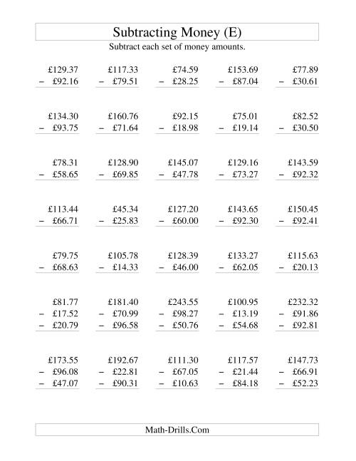The Subtracting British Money to £100 (E) Math Worksheet
