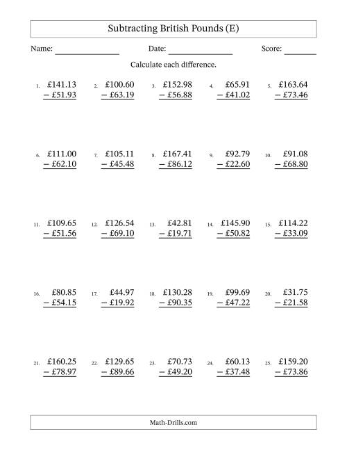 The Subtracting British Pounds With Amounts from 10.00 to 99.99 in Increments of One Pence (E) Math Worksheet