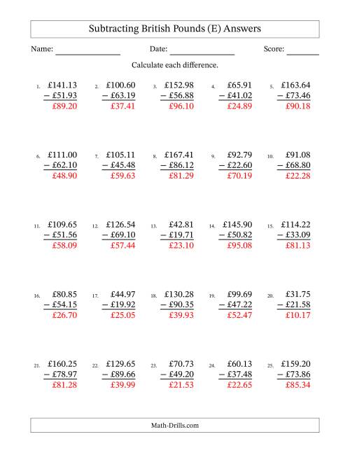 The Subtracting British Pounds With Amounts from 10.00 to 99.99 in Increments of One Pence (E) Math Worksheet Page 2