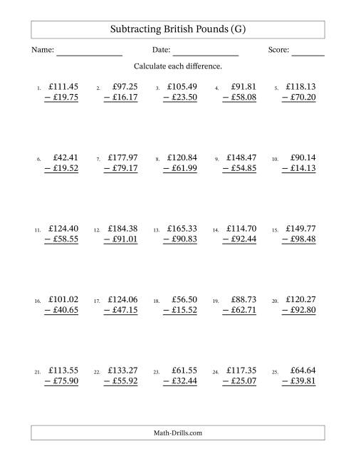 The Subtracting British Pounds With Amounts from 10.00 to 99.99 in Increments of One Pence (G) Math Worksheet