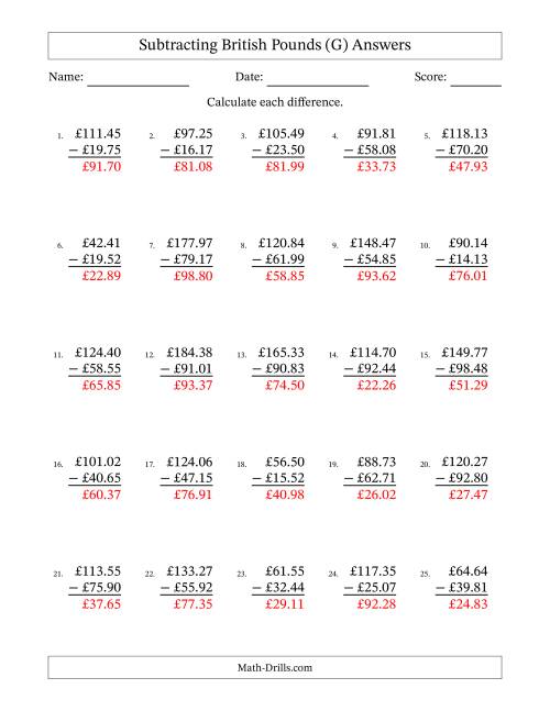 The Subtracting British Pounds With Amounts from 10.00 to 99.99 in Increments of One Pence (G) Math Worksheet Page 2