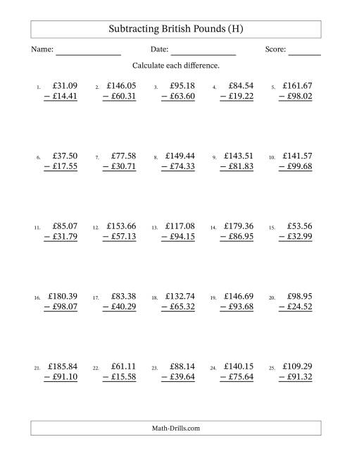 The Subtracting British Pounds With Amounts from 10.00 to 99.99 in Increments of One Pence (H) Math Worksheet