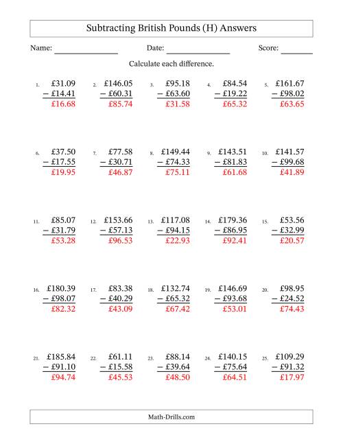 The Subtracting British Pounds With Amounts from 10.00 to 99.99 in Increments of One Pence (H) Math Worksheet Page 2