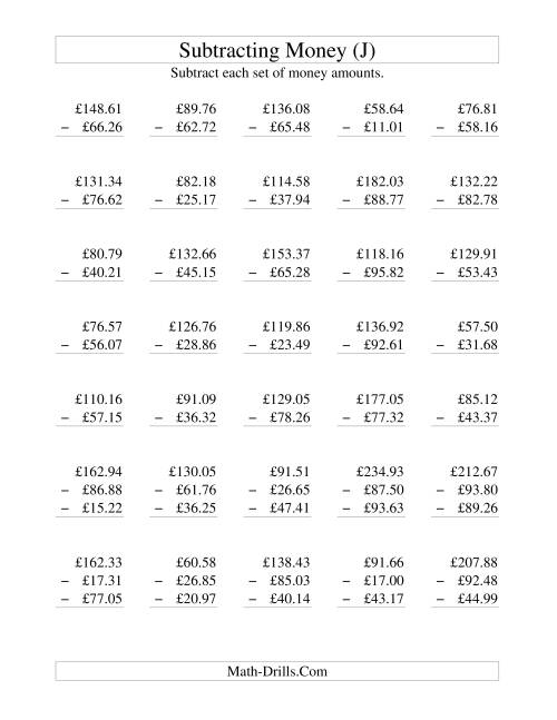 The Subtracting British Money to £100 (J) Math Worksheet