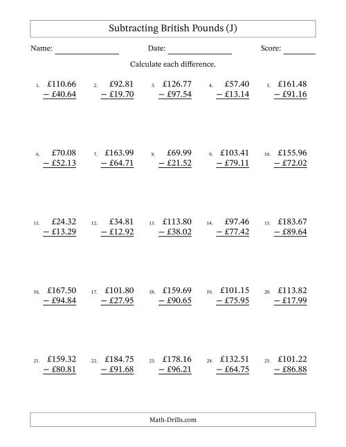 The Subtracting British Pounds With Amounts from 10.00 to 99.99 in Increments of One Pence (J) Math Worksheet