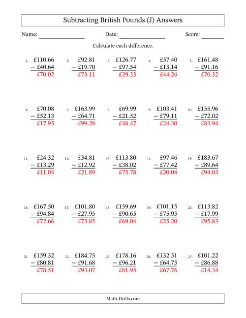 The Subtracting British Pounds With Amounts from 10.00 to 99.99 in Increments of One Pence (J) Math Worksheet Page 2