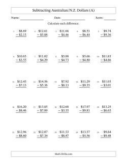 Subtracting Australian/N.Z. Dollars With Amounts from 0.01 to 9.99 in Increments of One Cent