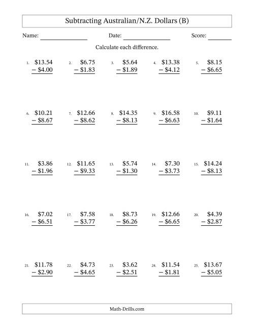 The Subtracting Australian/N.Z. Dollars With Amounts from 0.01 to 9.99 in Increments of One Cent (B) Math Worksheet