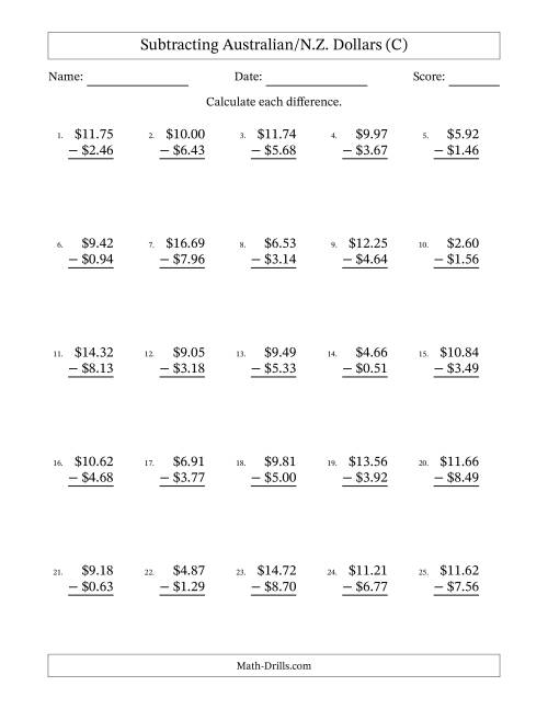 The Subtracting Australian/N.Z. Dollars With Amounts from 0.01 to 9.99 in Increments of One Cent (C) Math Worksheet