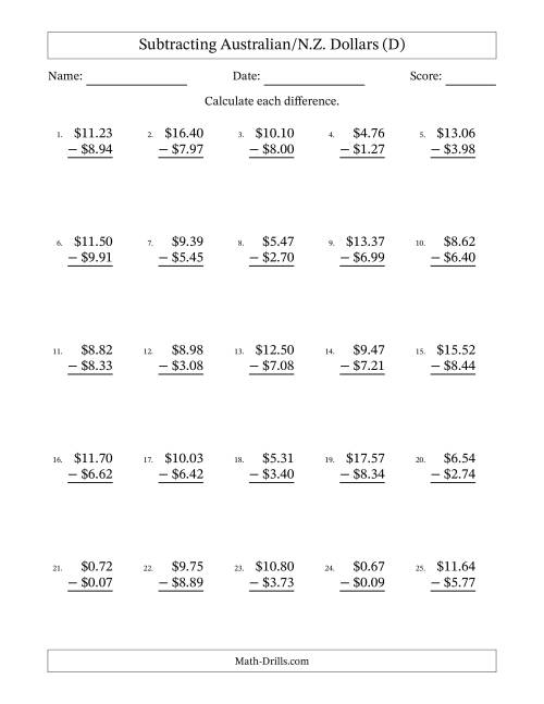 The Subtracting Australian/N.Z. Dollars With Amounts from 0.01 to 9.99 in Increments of One Cent (D) Math Worksheet