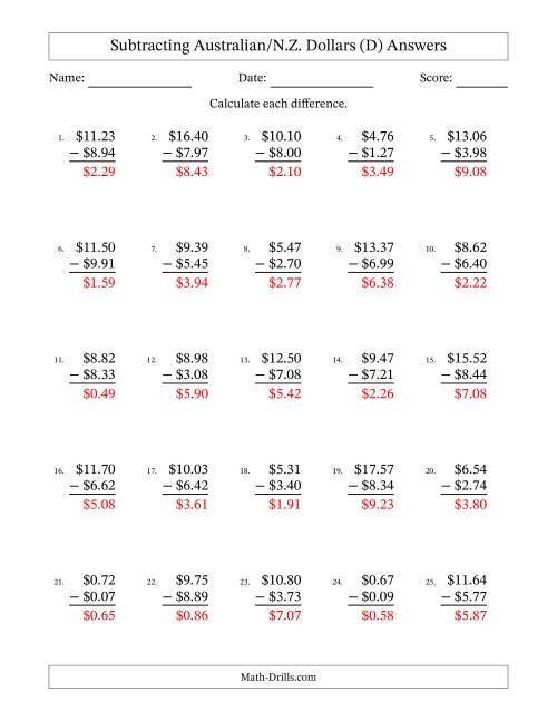 The Subtracting Australian/N.Z. Dollars With Amounts from 0.01 to 9.99 in Increments of One Cent (D) Math Worksheet Page 2