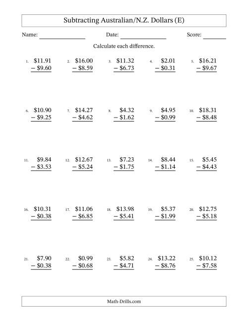 The Subtracting Australian/N.Z. Dollars With Amounts from 0.01 to 9.99 in Increments of One Cent (E) Math Worksheet