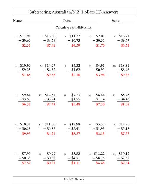 The Subtracting Australian/N.Z. Dollars With Amounts from 0.01 to 9.99 in Increments of One Cent (E) Math Worksheet Page 2