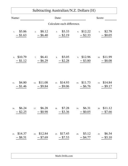 The Subtracting Australian/N.Z. Dollars With Amounts from 0.01 to 9.99 in Increments of One Cent (H) Math Worksheet