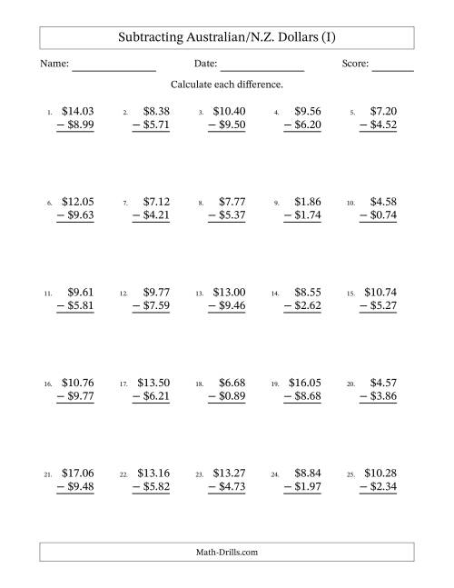 The Subtracting Australian/N.Z. Dollars With Amounts from 0.01 to 9.99 in Increments of One Cent (I) Math Worksheet