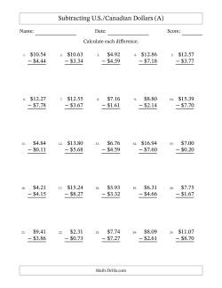 Subtracting U.S./Canadian Dollars With Amounts from 0.01 to 9.99 in Increments of One Cent