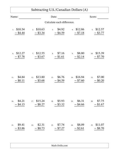 The Subtracting U.S./Canadian Dollars With Amounts from 0.01 to 9.99 in Increments of One Cent (A) Math Worksheet