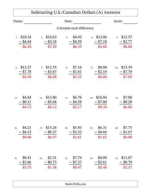 The Subtracting U.S./Canadian Dollars With Amounts from 0.01 to 9.99 in Increments of One Cent (A) Math Worksheet Page 2