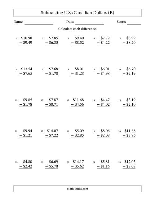 The Subtracting U.S./Canadian Dollars With Amounts from 0.01 to 9.99 in Increments of One Cent (B) Math Worksheet