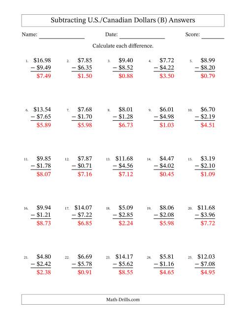 The Subtracting U.S./Canadian Dollars With Amounts from 0.01 to 9.99 in Increments of One Cent (B) Math Worksheet Page 2